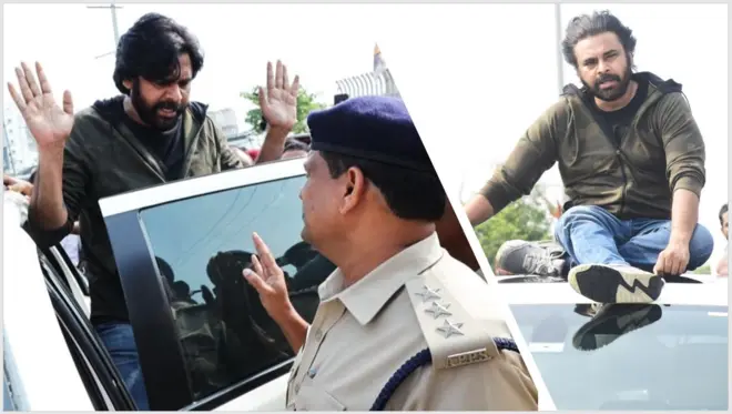 కారుపై కూర్చుని ప్రయాణిస్తున్న పవన్ కల్యాణ్