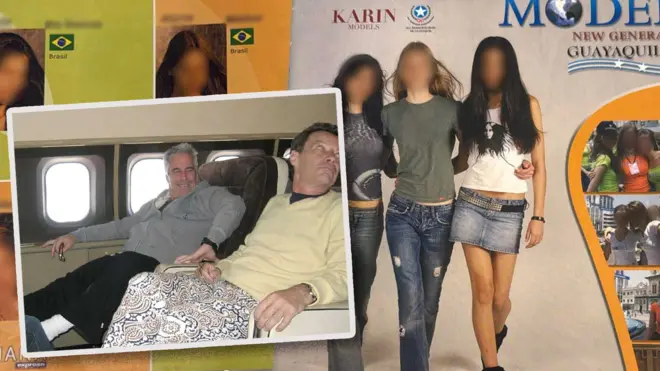 duss fotos sobrepostas, uma menor à esquerda, com Jeffrey Epstein e Jean-Luc Brunel, e à direita, um cartaz anunciando Concurso de Modelos no Equadora em pôsterb g