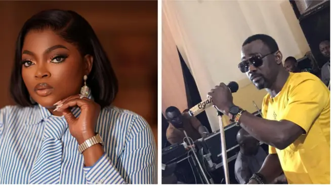 Funke Akindele lapa osi, o n wo ọọkan, o fi ọwọ rẹ kan sibi isalẹ àgbọ̀n rẹ. Alaaji Wasiu Alabi Pasuma lapa ọtun, olorin Fuji naa n kọrin lọwọ ninu aworan yii.