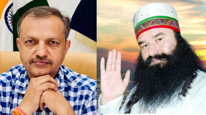 सुनील सांगवान (डावीकडे) आणि गुरमीत राम रहीम (उजवीकडे)
