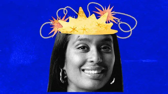 Ilustración de una mujer con cabello largo y oscuro, sobre cuya cabeza aparecen formas abstractas de estrellas y líneas onduladas en tonos amarillos y naranjas, sobre un fondo azul intenso.