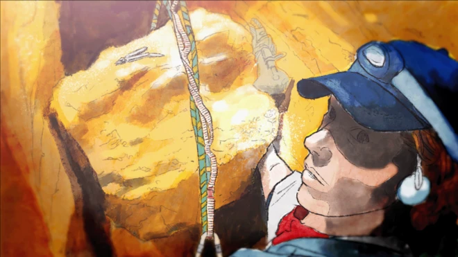 Illustration montrant Aron Ralston avec la main coincée dans le rocher