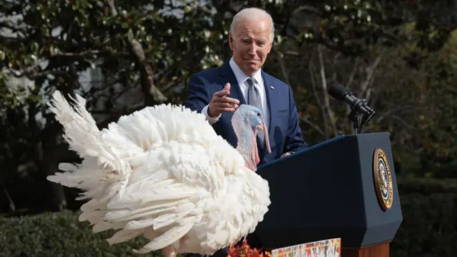 President Joe Biden pardons the National Thanksgiving turkeys Liberty and Bell during a ceremony on the South Lawn of the White House on November 20, 2023 in Washington, DC