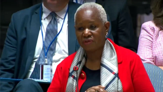 Bintou Keita ageza ijambo ku kanama k'umutekano ka ONU, i New York muri Amerika, ku itariki ya 30 Nzeri (9) mu mwaka wa 2024