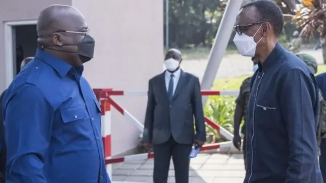 Perezida Tshisekedi na Paul Kagame mu kwezi kwa Kamena(6) 2021 ku Gisenyi mu Rwanda, ubwo umubano wa bombi wari mwiza  