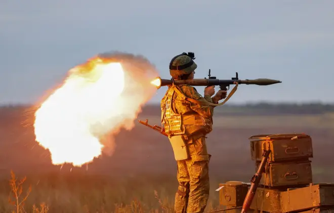 Newly-mobilised Russian reservists take part in a training on a range in Donetsk region