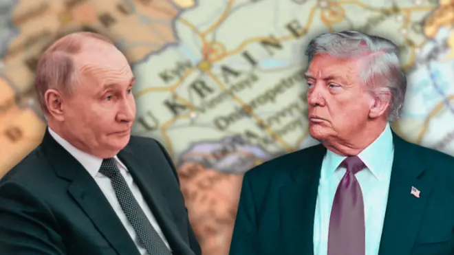 Дональд Трамп та Володимир Путін на тлі мапи України