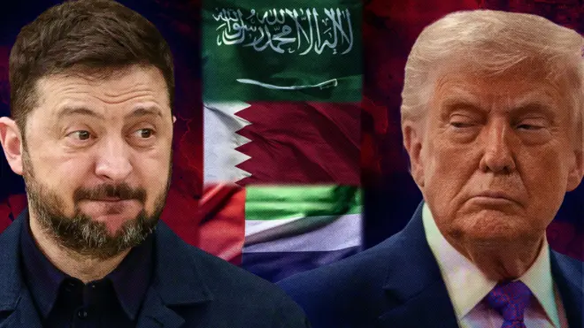 На передньому плані крупно - ліворуч обличчя Зеленського, а праворуч - Трампа. На задньому плані прапори КСА, Катару та ОАЕ. 