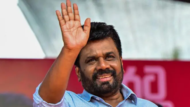 National People's Power (NPP) presidential candidate Anura Kumara Dissanayaka gestures during an election rally ahead of the presidential election, in Dehiowita on September 17, 2024.