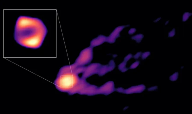 ภาพไอพ่นพลังงานสูงและเงาของหลุมดำใจกลางดาราจักร M87