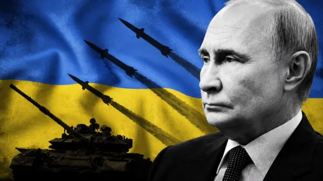 Путін на фоні прапору України та військ