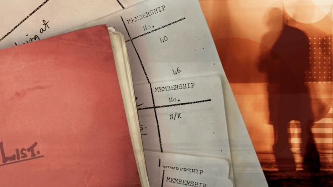 Imagem projetada mostrando a capa rosa que vinha com a lista, folhas de filiação mostrando números e uma figura escura e sombria de um homem