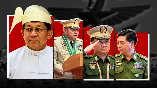 ဦးမင်းအောင်လှိုင်ကို ခေါင်းပေါင်းတိုက်ပုံအဖြူနဲ့တွေ့ရပြီး ဗိုလ်ချုပ်ကြီးရဲဝင်းဦး၊ ဗိုလ်ချုပ်ကြီး ကျော်စွာလင်းနဲ့ ဒုဗိုလ်ချုပ်ကြီး ကိုကိုဦးတို့ကို စစ်ယူနီဖောင်းတွေနဲ့ သရုပ်ဖော်ထားတာဖြစ်ပါတယ်။