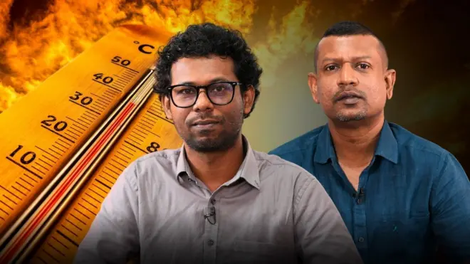 කණ්නාඩි පැළඳි පිරිමියෙකු සහ තවත් අයෙකු සිටින අතර පිටුපසින් ගිනි ගන්නා පරිසරයක උෂ්ණත්ව මානයක් පෙනේ.