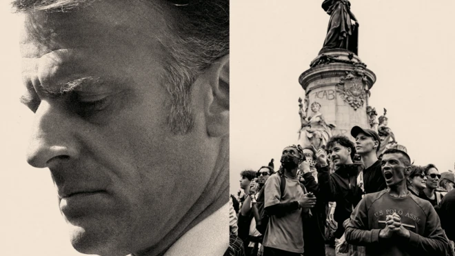 Montaje con imágenes del presidente Macron y manifestantes en una plaza de París.