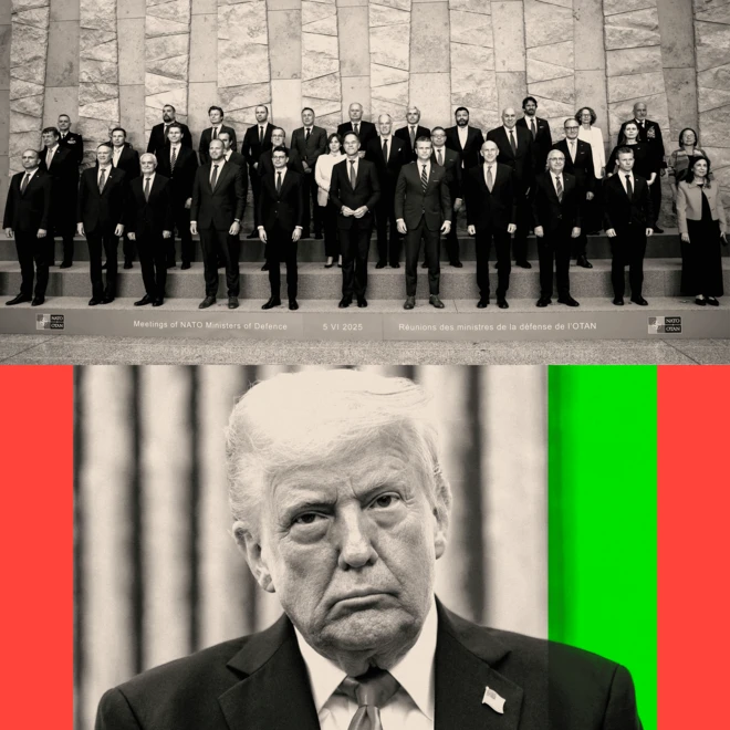 Treated photo of Donald Trump below a treated photo of European leaders.