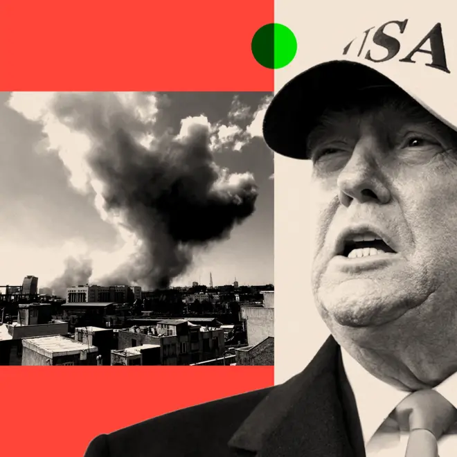 Trump USA yazılı şapkasıyla ön planda geride patlayan binalar kolaj halinde