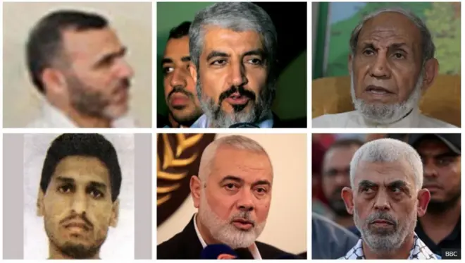 (ከላይ ከግራ ወደ ቀኝ) መርዋ ኢሳ፣ ኻሊድ ሜሻል፣ ማህሙድ ዛሃር፣ (ከታች ከግራ ወደ ቀኝ ) ሞሐመድ ዳይፍ፣ ኢስማኤል ሃኒያ እና ያህያ ሲንዋር