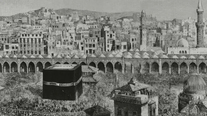 طرحی از کعبه و نمای قدیمی شهر مکه