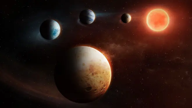 Illustration of a distant planetary system in outer space. In the foreground, there is planet with a textured orange‑brown surface. Behind it, three other planets of different sizes and colours appear aligned in a row. To the far right, a bright, glowing star - orange in colour - illuminates the scene, casting warm light across the system.