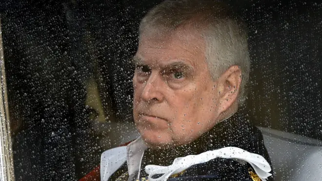  4012 by 2257 pixels4012 x 2257 pixels Alternative description Britain's Prince Andrew, Duke of York leaves after attending the coronations of Britain's King Charles III and Britain's Camilla, Queen Consort, at Westminster Abbey in central London on 6 May 2023. Andrew is wearing a ceremonial jacket embroidered with gold symbols and the George Cross - the flag of England on his left breast. There are raindrops on the window of the car.