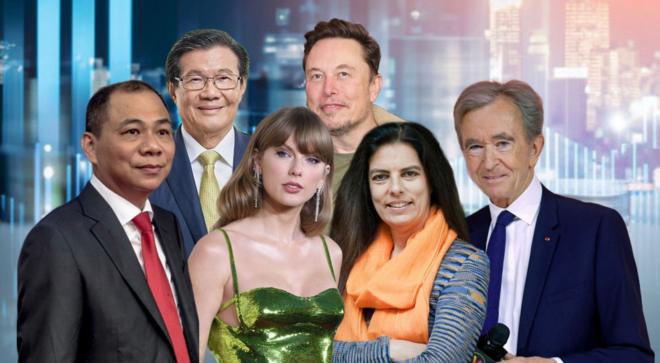 Từ trái qua: tỷ phú Phạm Nhật Vượng (giàu nhất Việt Nam), tỷ phú Prajogo Pangestu (giàu nhất Indonesia), ca sĩ Taylor Swift, tỷ phú Elon Musk, tỷ phú Francoise Bettencourt-Meyers (người phụ nữ giàu nhất thế giới), tỷ phú Bernard Arnault (giàu nhất thế giới).