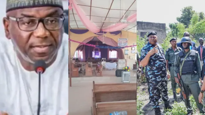 Gomina Abdulrasaq Abdulrahman ipinlẹ Kwara wọ aṣọ funfun pẹlu fila lori, ile ijọsin CAC niluu Eruku atawọn ọlọpaa