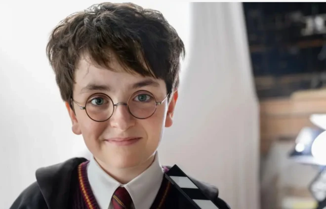 Elinde Harry Potter yazan bir çekim aleti taşıyan aktörün üzerinde pelerin ve klasikleşen yuvarlak gözlükler var.