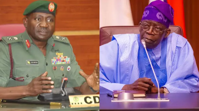 Olori ileeṣẹ ologun Naijiria, Ọgagun Christopher Musa ninu aṣọ ologun ati Aarẹ Bola Tinubu ninu agbada olomi aro pẹlu to ba a mu