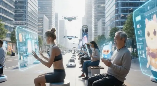 مشهد لشارع من المستقبل بتقنيات عرض ثلاثية الأبعاد.