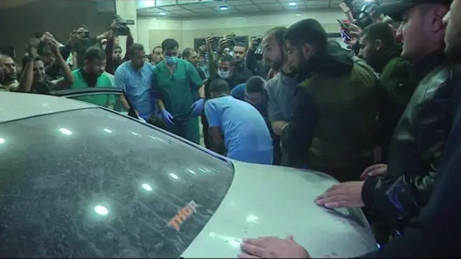The injured are brought to Nasser hospital in Khan Younis by car and then put on stretchers