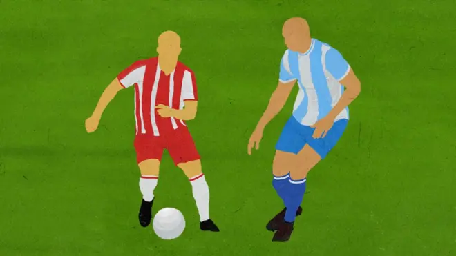 Црвена звезда и ОФК Београд, илустрација играча у црвено-белом и плаво-белом дресу који се боре за лопту, на зеленој позадини