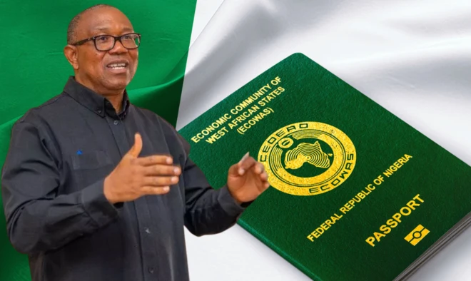 Peter Obi speaking wit Nigerian passport for di background