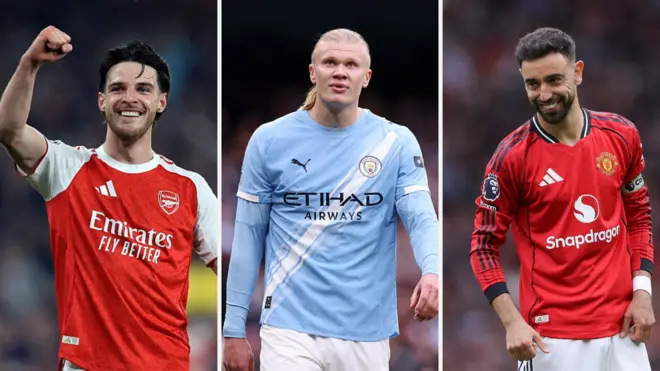 Declan Rice, Erling Haaland, and Bruno Fernandez