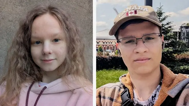 Коллаж: слева светловолосая девушка в бледно-розовой кофте с капюшоном, справа юноша в кепке и в очках