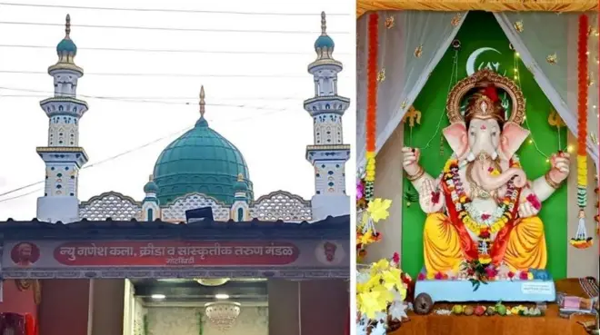 گوٹھ کھنڈی (بائیں) کی اس مسجد میں گنپتی نصب ہے/ دھیپن پور مسجد، کرندواڑ میں گنیش کی مورتی (دائیں) 
