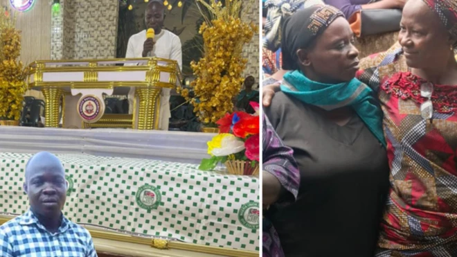 Di deceased inside coffin and foto of im wife as dem dey put di coffin inside grave to burry.