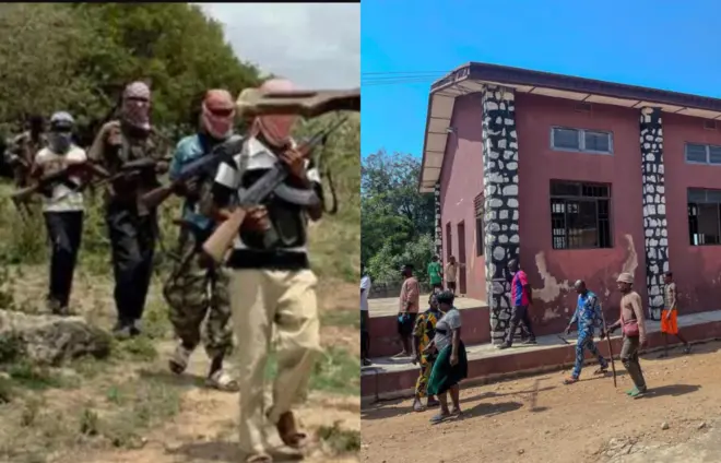 Awọn janduku agbebọn faṣọ boju ati awọn eeyan ilu Eruku niwaju ile ijọsin CAC nipinlẹ Kwara.