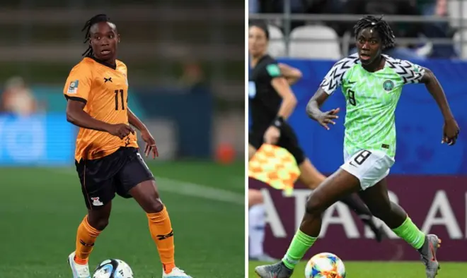Foto mix of Barbra Banda of Zambia during di FIFA Women World Cup Australia & New Zealand 2023 Group C match between Zambia and Japan and Asisat Oshoala of Nigeria during di 2019 Fifa Women World Cup France group A match between Norway
