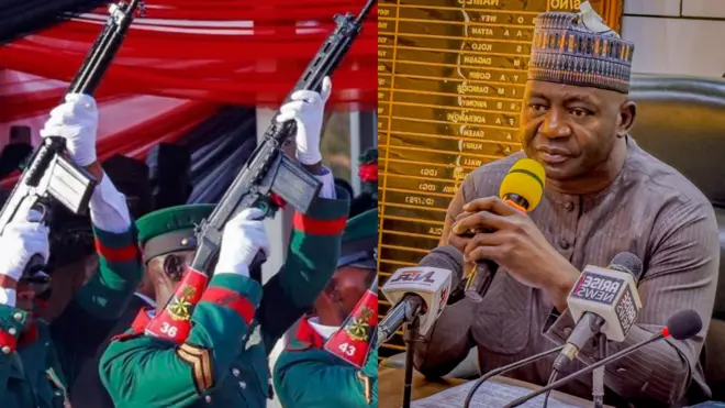 Minisita eto aabo, Ọgagun fẹyinti Christopher Musa mu gbohungbohun lọwọ atawọn ọmogun to gbe ibọn dani