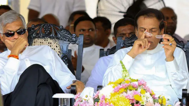 Sri Lankan president Maithripala Sirisena and Prime Minister Ranil Wickremesinghe (L) are seen during the 25th commemoration of the death anniversary of late Sri Lankan President Ranasinghe Premadasa at Colombo, Sri Lanka on Tuesday 1 May 2018