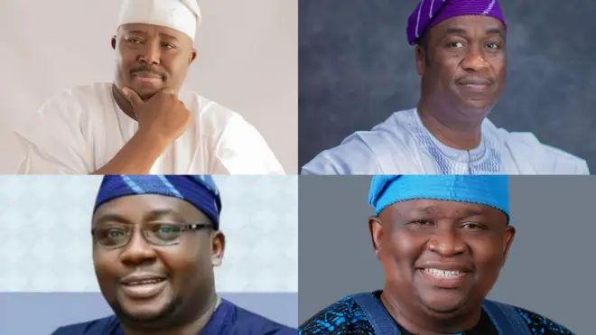 Sharadeen Alli wọn agbada funfun, Obafemi Hamzat wọ agbada buluu pẹlu fila, Adebayo Adelabu ati Sẹnẹtọ Solomon Adeola Yayi naa wọ agbada buluu