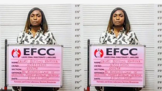 Blessing Okoro tawọn eeyan mọ si Blessing CEO. O gbe patako ẹsun ti EFCC fi kan an dani