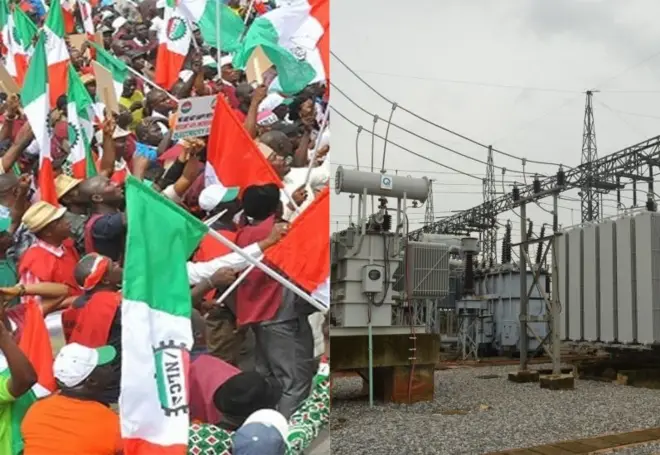 Aworan ifẹhonu awọn ẹgbẹ oṣiṣẹ kan ati ibudo ipinna mọnamọna kan lorilẹede Naijiria.