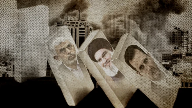 تصاویر اسد، نصرالله و سنوار روی دمینو که در حال سقوط هستند