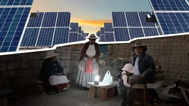 Montagem com pessoas iluminadas apenas por uma lanterna e um conjunto de placas solares
