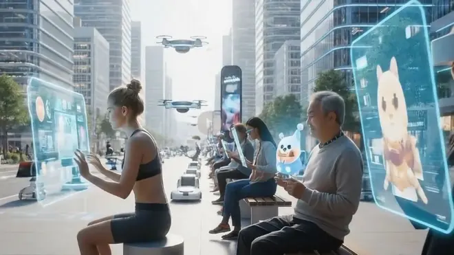 생성형 인공지능으로 구현한 미래의 모습. 다양한 사람들이 거리 벤치에 앉아 공중에 떠 있는 스크린을 보고 있다.