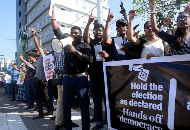 A protest organized by the Socialist Youth Union (SYU) is demanding that the local election be held as declared and that democracy be upheld in Colombo, Sri Lanka on February 22, 2023