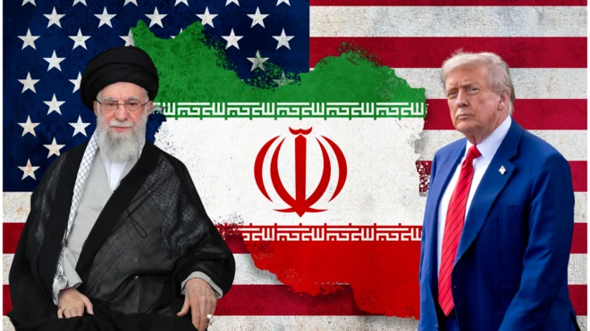 Una composición de las banderas de EE.UU. e Irán, con los líderes Alí Jamenei y Donald Trump