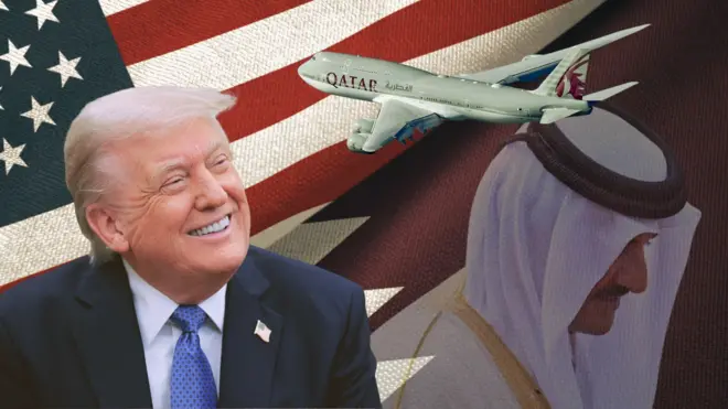 Колаж з Трампом, еміром Катару та літаком